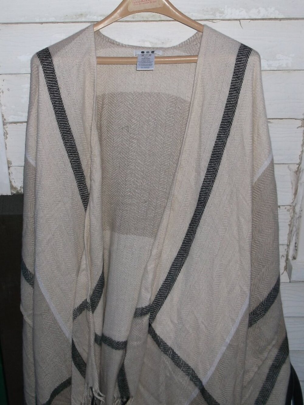 Three Dots Beige and Black Striped Poncho – One Size – Like New